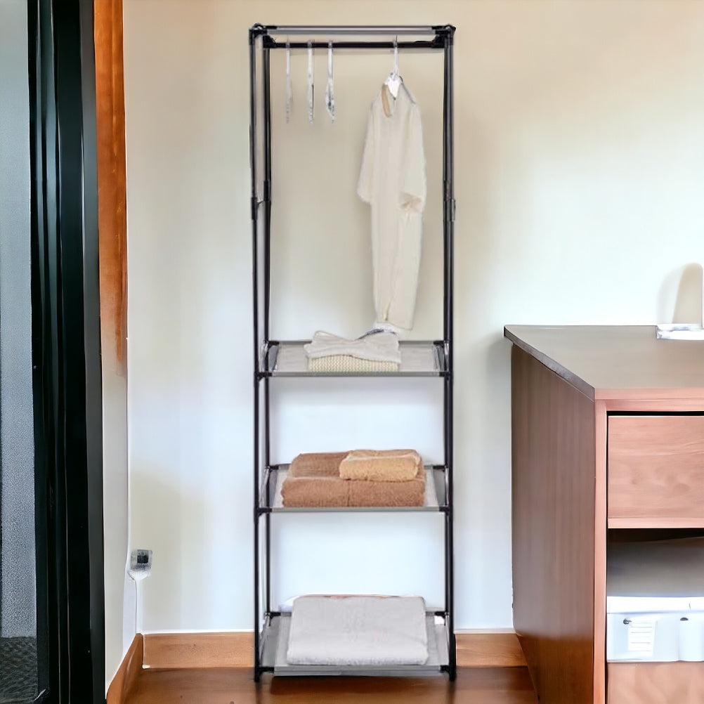 Armadietto Aperto con 3 Mensole  Barra Appendiabiti in Metallo, Salvaspazio