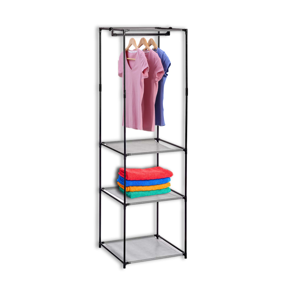 Armadietto Aperto con 3 Mensole  Barra Appendiabiti in Metallo, Salvaspazio