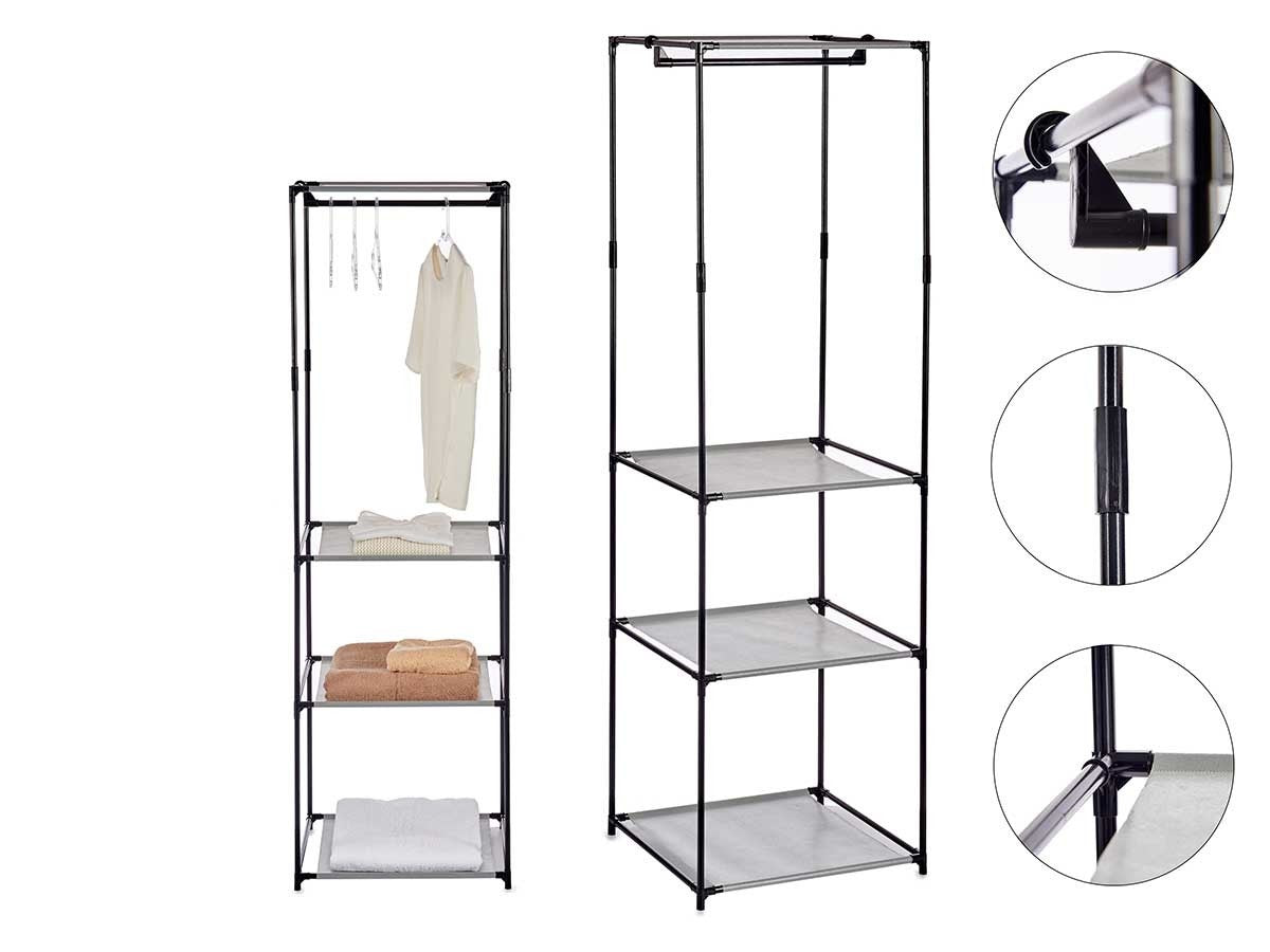 Armadietto Aperto con 3 Mensole  Barra Appendiabiti in Metallo, Salvaspazio