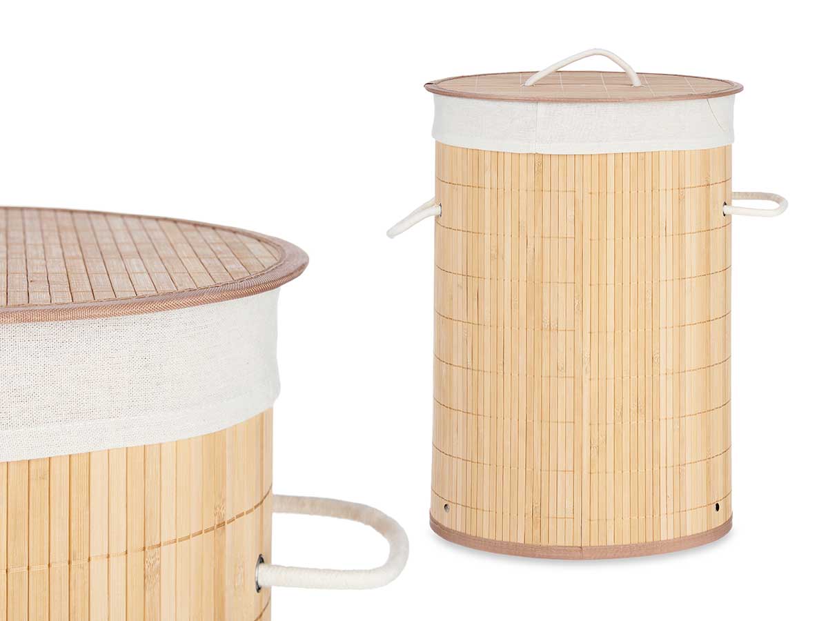 Cesta Porta Biancheria in Bambù con Coperchio 2 Manici Capacità 48Lt Bianco