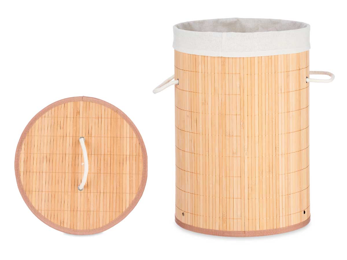 Cesta Porta Biancheria in Bambù con Coperchio 2 Manici Capacità 48Lt Bianco