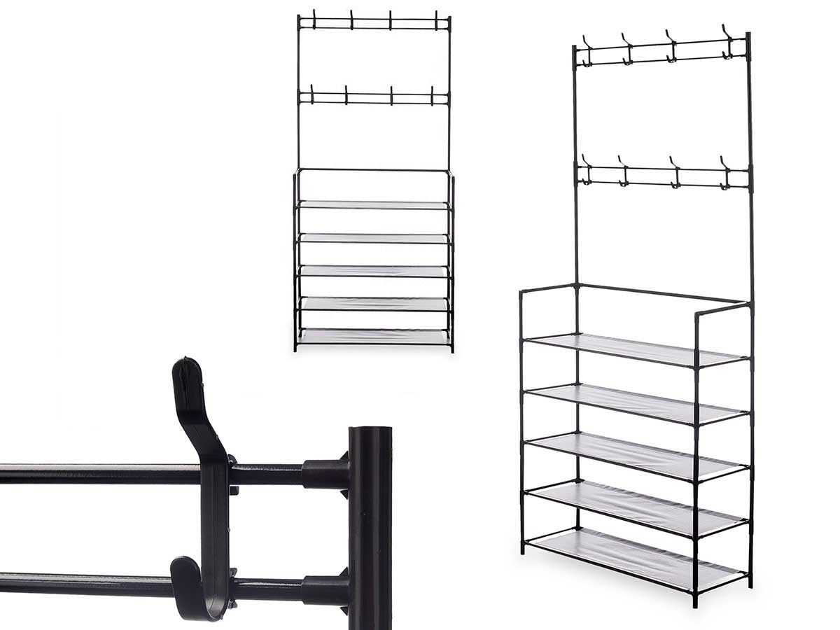 Scarpiera con Attaccapanni in Metallo 5 Piani Appendiabiti 8 Ganci Camera, Ufficio, Ingresso Nero