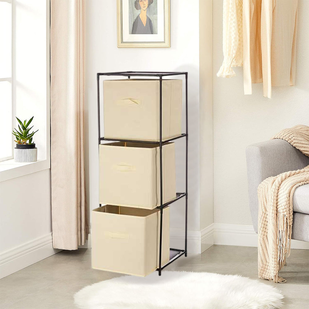 Cassettiera Multiuso in Metallo 3Cassetti in Stoffa 35x35 H 102cm Beige Salvaspazio