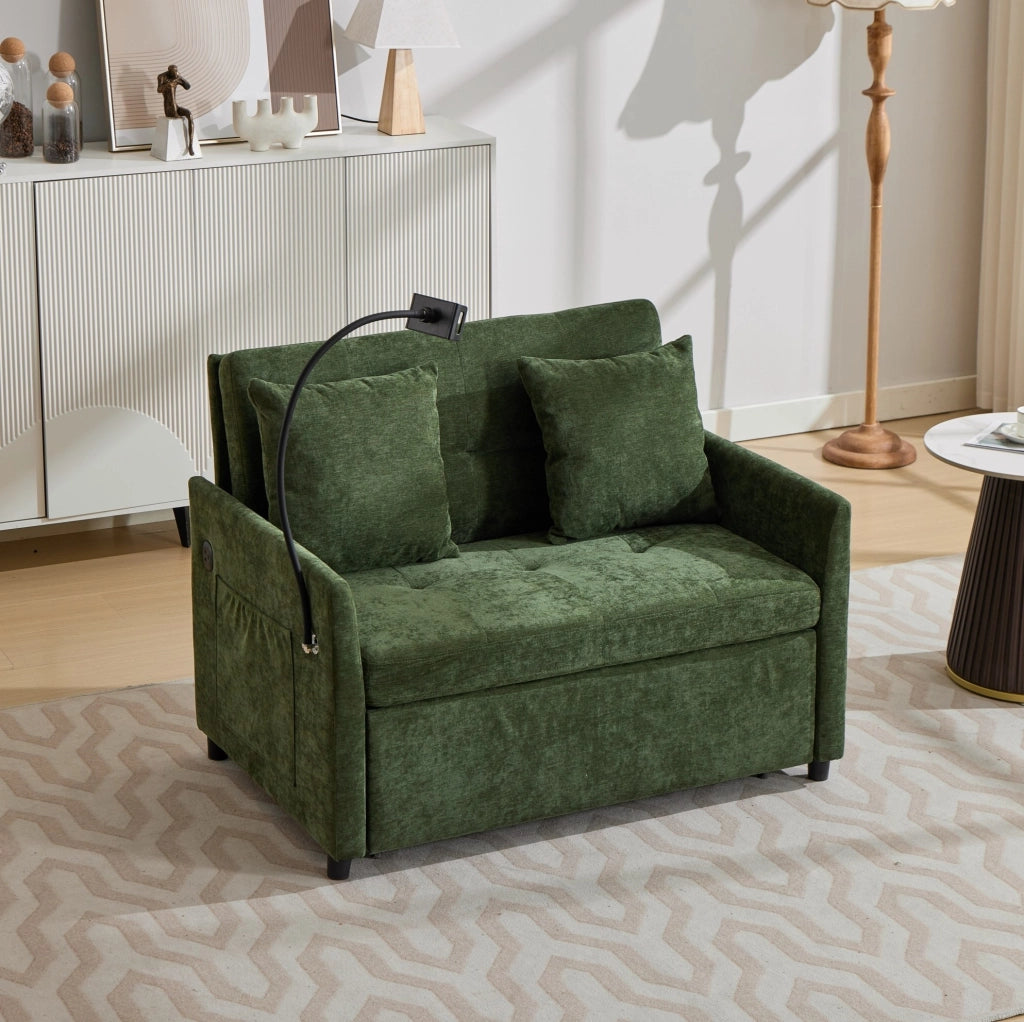 Divano letto singolo pieghevole con USB e supporto tablet verde HOMVRA