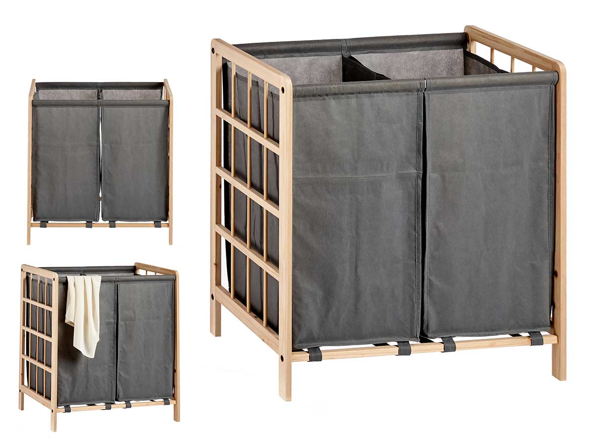 Cesto Porta Biancheria Doppio Legno Naturale e Stoffa Capacità 60lt Colore Grigio