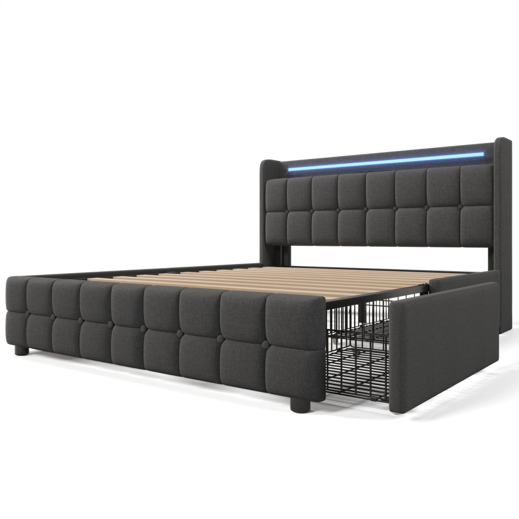 Letto Imbottito con LED, USB e Contenitore ¨C MINIMAL ¨C Grigio 140x200, Doghe in Legno, 4 Cassetti