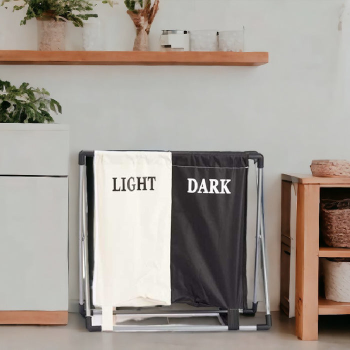 Cesto Porta Biancheria Doppio In Alluminio Tessuto Cotone Pieghevole Salvaspazio