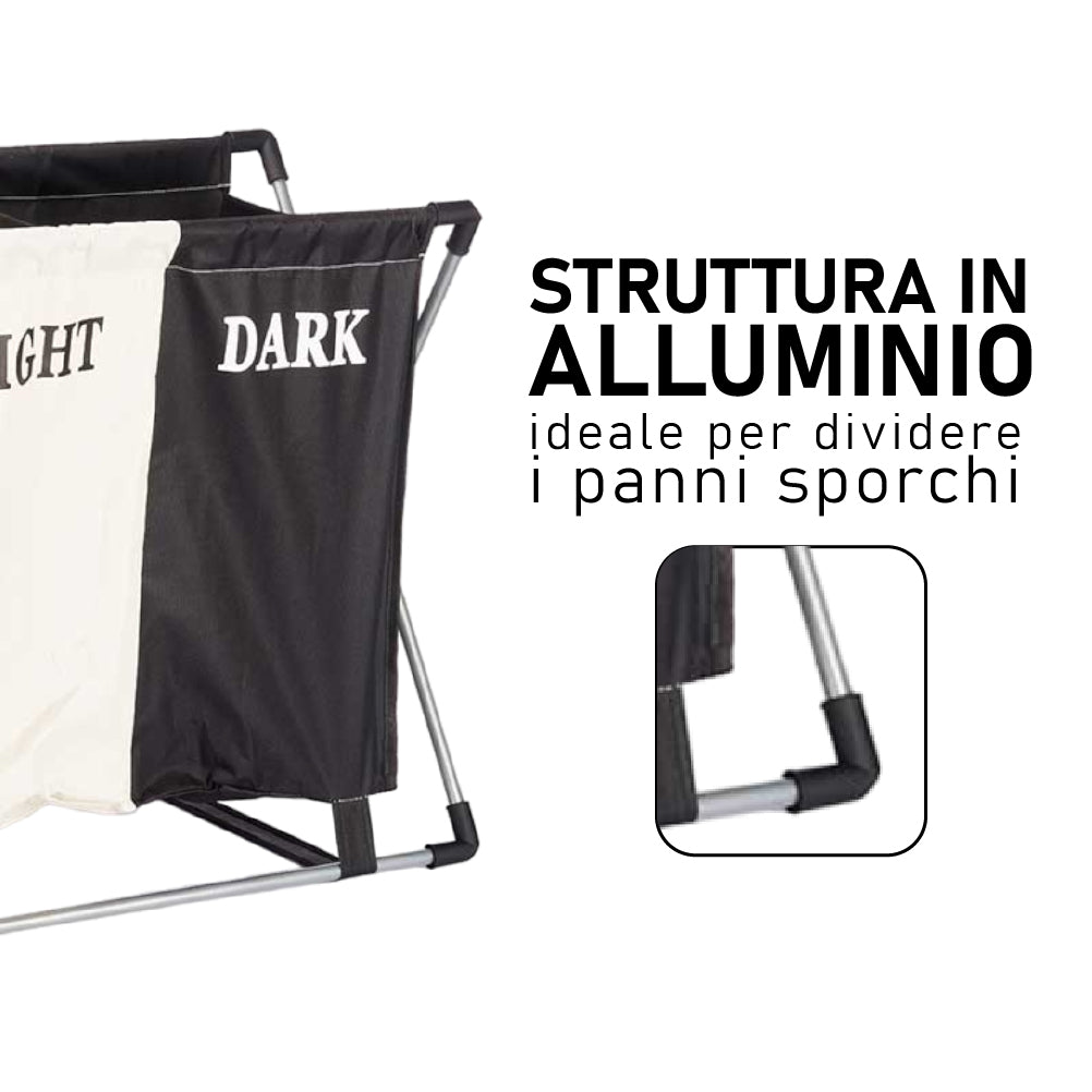 Cesto Porta Biancheria Doppio In Alluminio Tessuto Cotone Pieghevole Salvaspazio