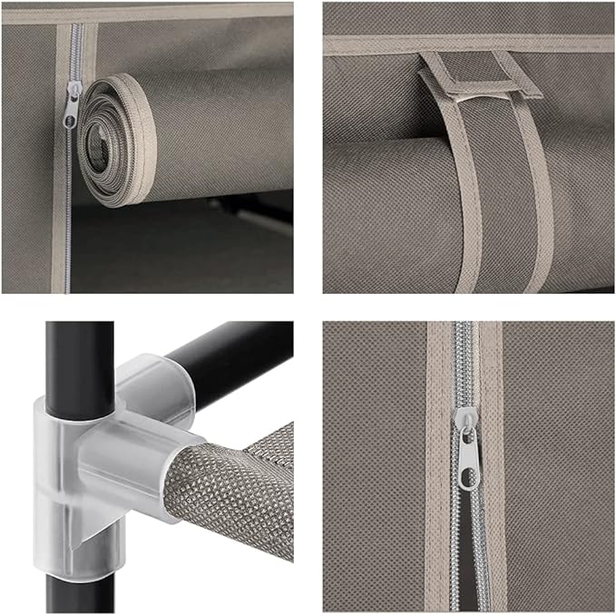 Armadio in Tessuto Struttura Metallo Guardaroba Pieghevole Asta Appendiabiti Ecrù