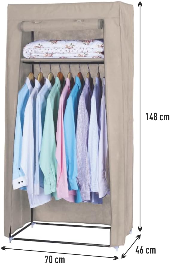Armadio in Tessuto Struttura Metallo Guardaroba Pieghevole Asta Appendiabiti Ecrù