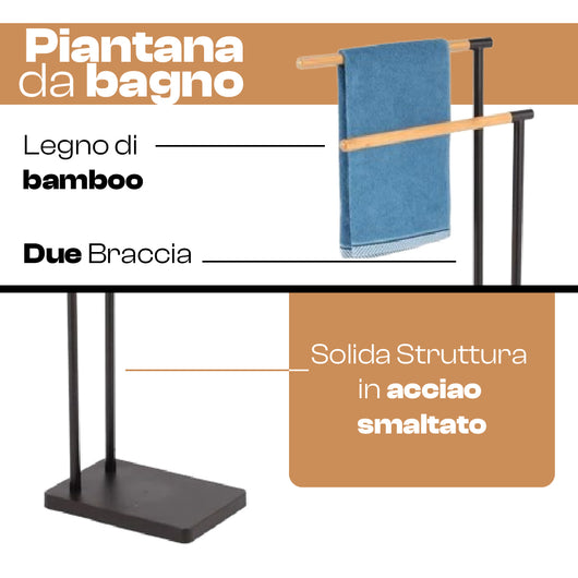 Piantana Bagno 2 braccia + Piantana Porta Scopino e Carta Nero e Legno Bambù