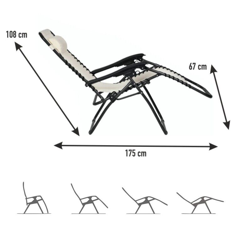 Sedia Sdraio Cordonata Gravità Zero Reclinabile Pieghevole con Cuscino Ecrù