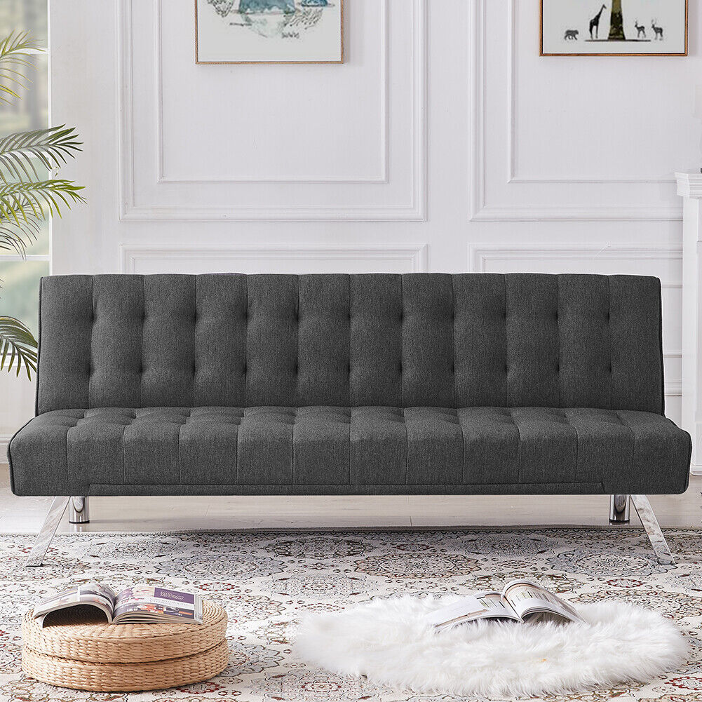 Divano Letto Clik Clak Schienale Reclinabile 175cm Tessuto Grigio Stile Moderno