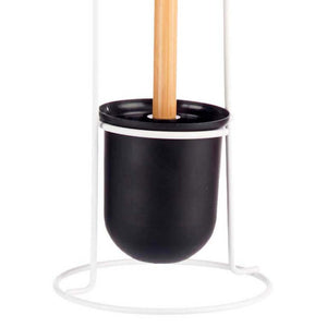 Piantana da Bagno Porta Rotolo Porta Scopino Metallo Bianco e Bambù Salvaspazio