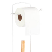 Piantana da Bagno Porta Rotolo Porta Scopino Metallo Bianco e Bambù Salvaspazio