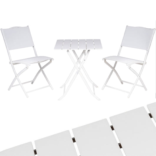 Set Tavolo Pieghevole con 2 sedie Bianco Arredo Esterno Giardino in Acciaio e PE