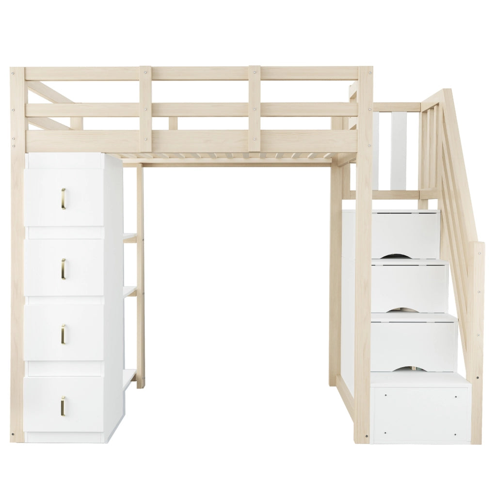 Letto a soppalco 90x200 cm con 4 cassetti; scaffale a 3 livelli e scala laterale; colore legno naturale