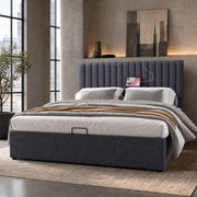 Letto matrimoniale imbottito con contenitore; testiera LED con USB e Type-C; grigio 160x200 cm