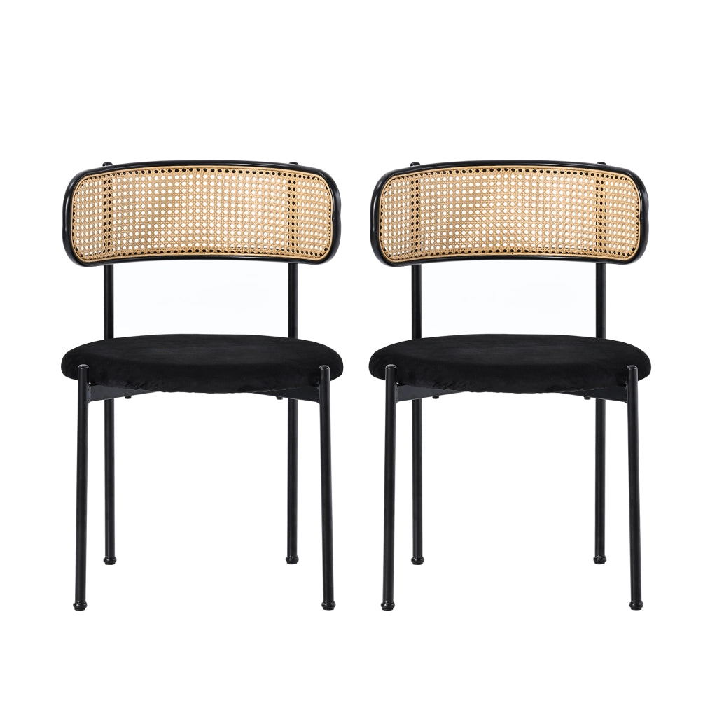 Sedia da pranzo in velluto set da 2 con schienale in rattan curvo e seduta rotonda ergonomica gambe in metallo nero