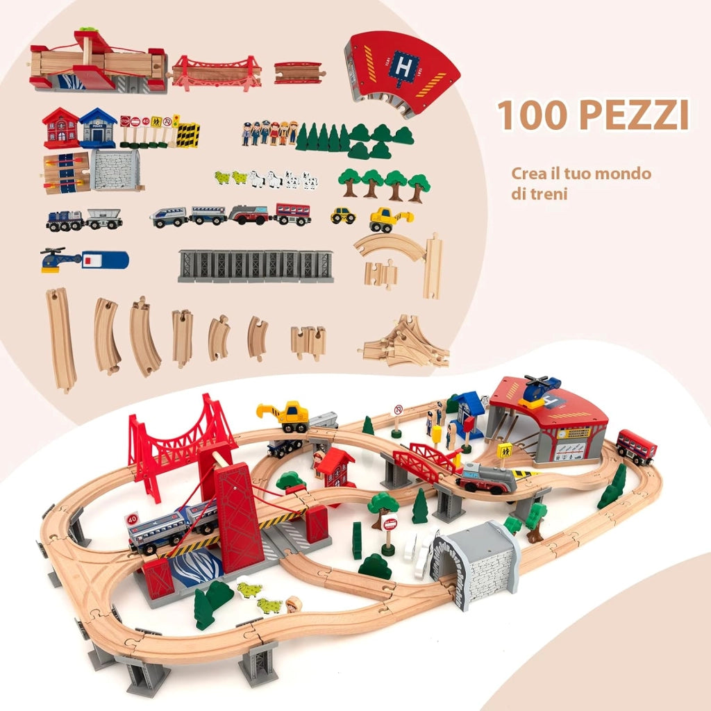 Tavolo e Set Treno Giocattolo in Legno, Set da Gioco Creativo Treni e Binari per Bambini con 100 Pezzi, Trenino per Bambini Anni 3+