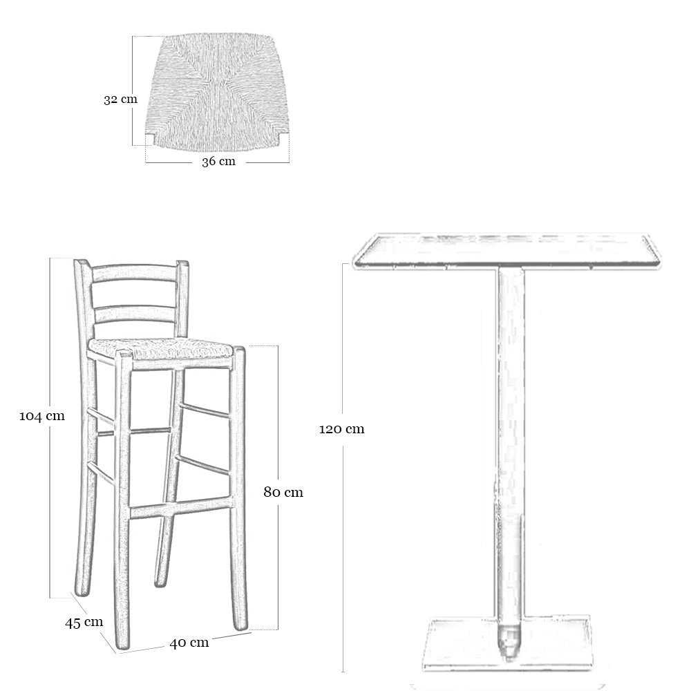 Sgabello in legno H 80 cm noce chiaro con schienale e seduta in paglia