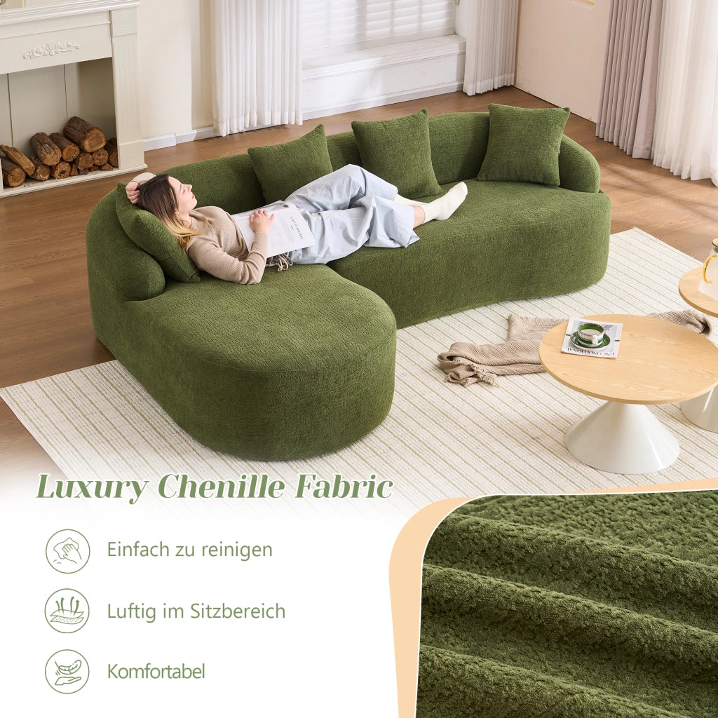 Divano modulare angolare curvo con chaise longue sinistra in chenille verde senza attrezzi 243 × 150 × 67 cm