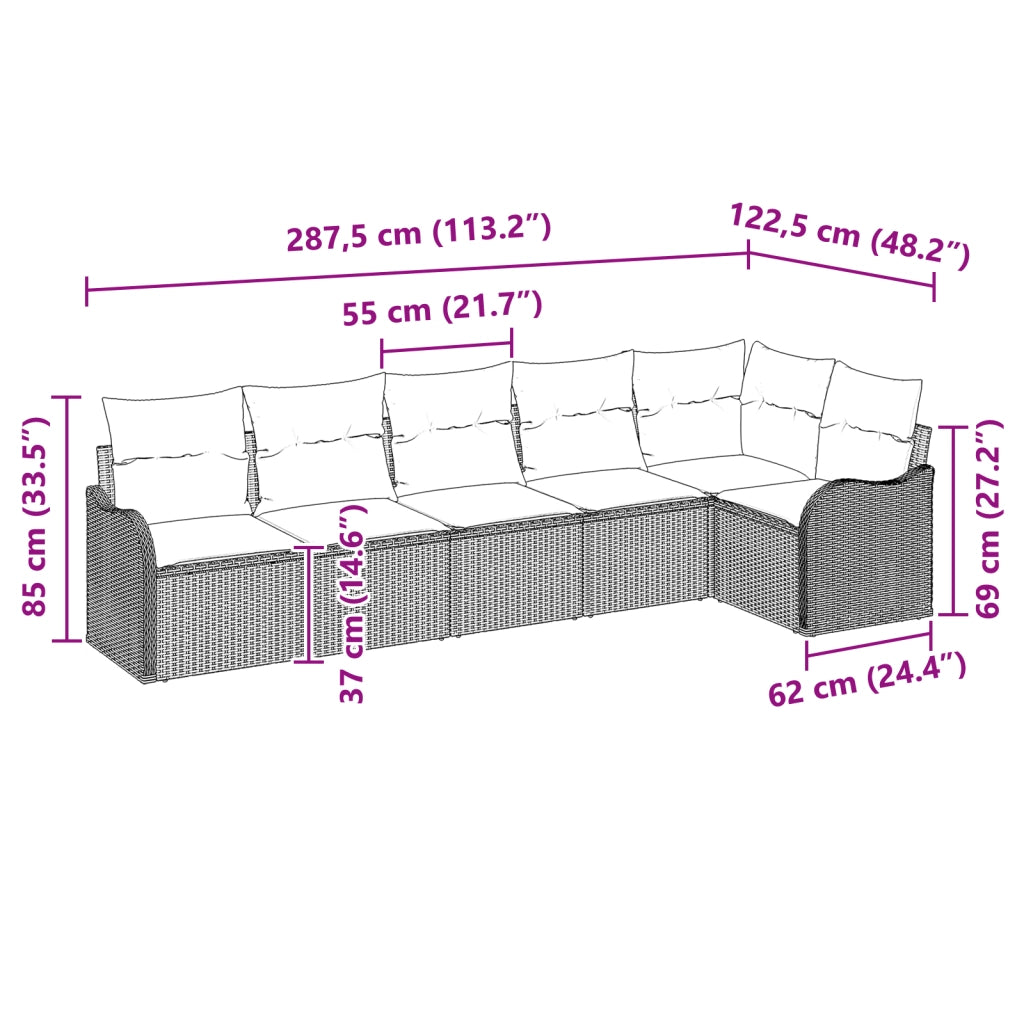 Set Divano da Giardino a 6 Pezzi con Cuscini Grigio Polyrattan