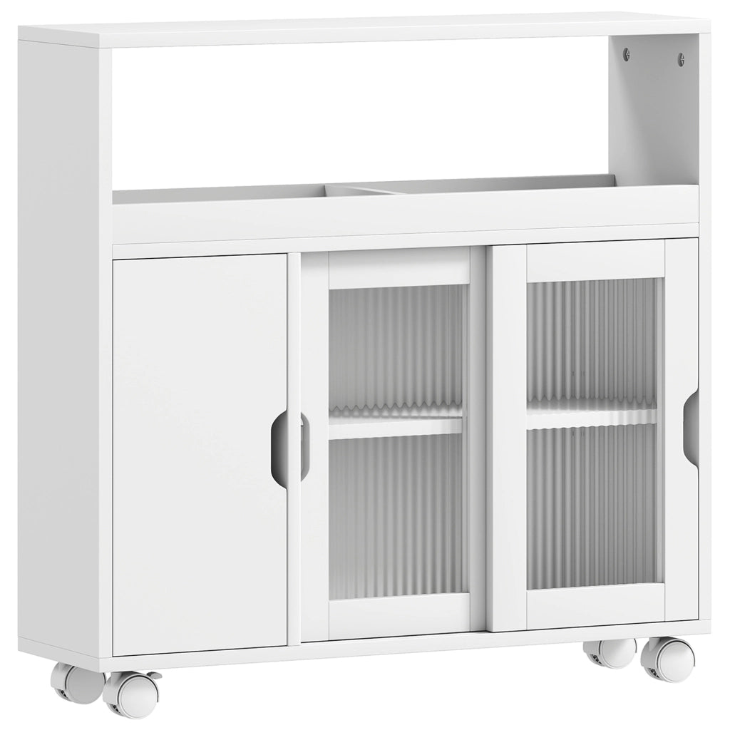 Mobile Bagno 71x20x70 cm a Rotelle con Spazio Aperto Ripiani Regolabili e Ante in Vetro in Legno  Bianco