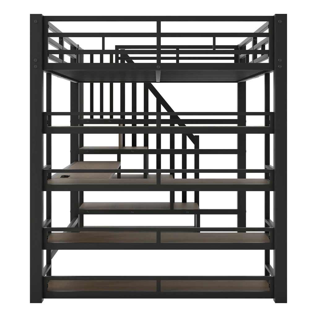 Letto a soppalco 140 × 200 cm con scrivania integrata, ripiani, LED, stazione di ricarica USB et metallo nero, senza materasso