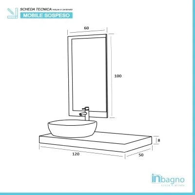 Mensolone Bagno Sospeso 120 cm Cemento completo di lavabo e specchio