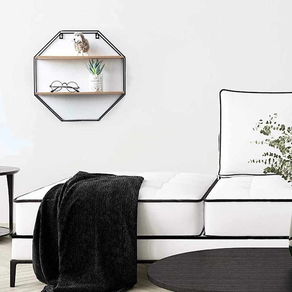 Trade Shop - Mensola Da Parete Ottagonale In Ferro Legno Sospesa Con 2 Ripiani Design Industriale -