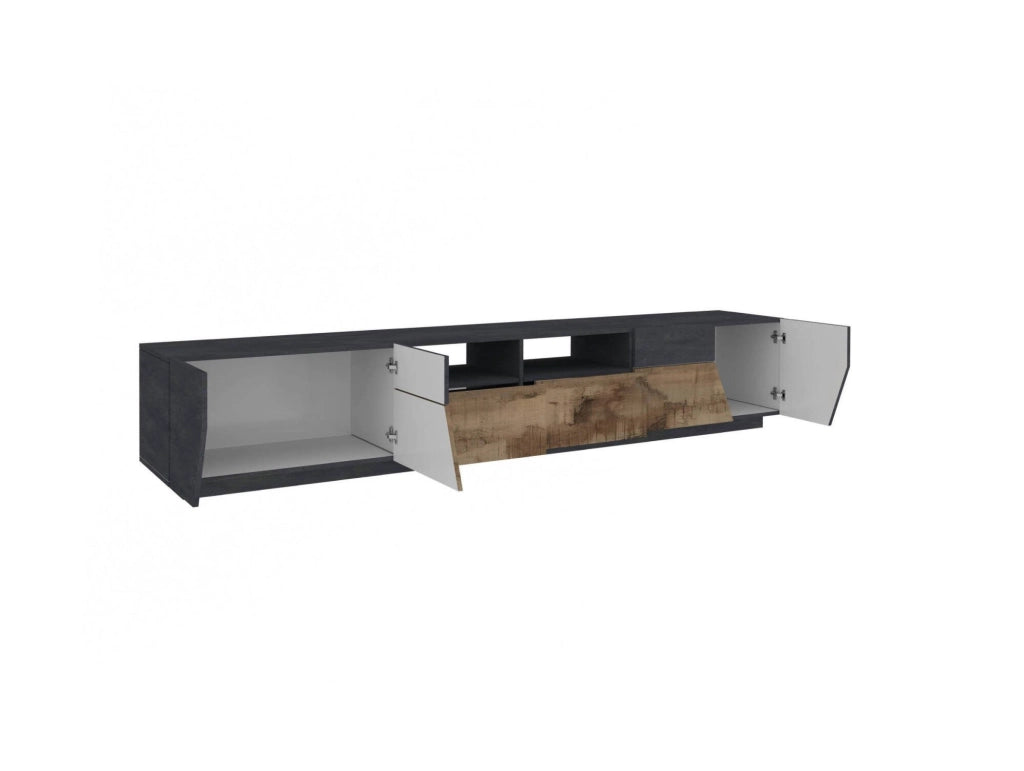 Mobile da soggiorno Porta Asdrubale, Made in Italy, Credenza per Asdrubale da salotto a 4 ante geometriche e 2 cassetti, Cm 260x43h46, Ardesia e Acero