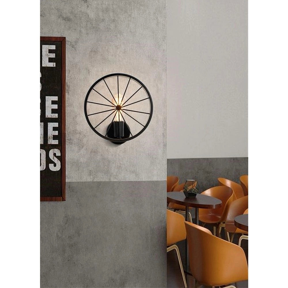 Trade Shop - Applique A Parete Stile Vintage Lampada Forma Di Ruota Bicicletta Nero E27 Aq62 -