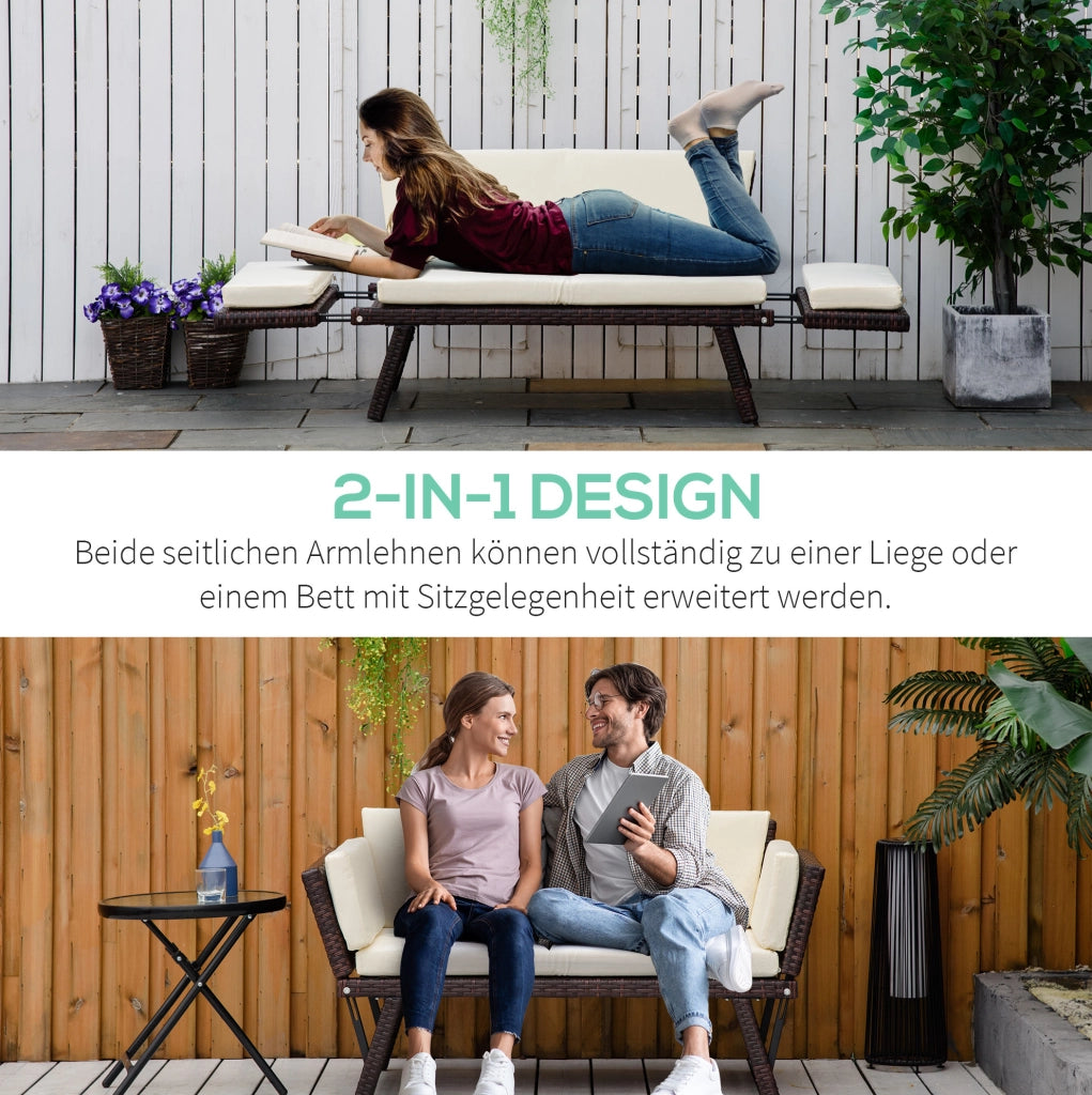Divano da giardino in rattan marrone con braccioli reclinabili