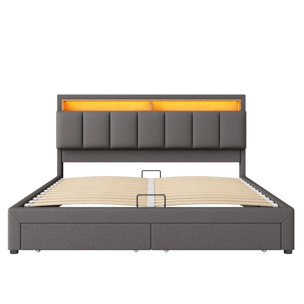Letto imbottito 180x200 cm con LED, rete a doghe, vano contenitore e struttura in MDF e acciaio, grigio scuro