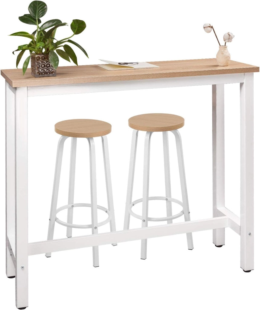 Tavolo da Bar con 2 Sgabelli Alti Set, Bar Bancone per Cucina in Acciaio Legno, Tavolo Alto 120x40x100cm, Rovere chiaro + Bianco