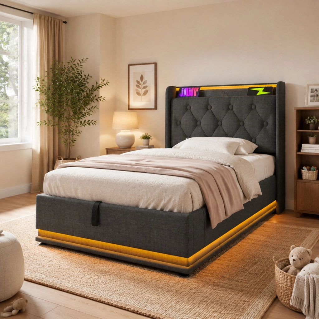 DESMIU Letto Imbottito 90 × 200 cm 1 piazza con LED, USB e Type-C, testiera trapuntata, senza materasso, in lino, grigio