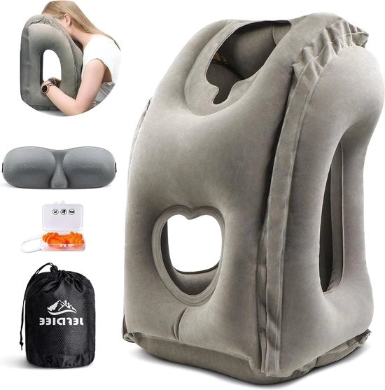 Cuscino Inflatabile da Viaggio - Cuscino del collo Supporta Testa e Chinotto - Aerei Auto Ufficio Sonniferi - 3D Occhiali da Sole Auricolari Portatile Borsa - Cavo - Grigio.