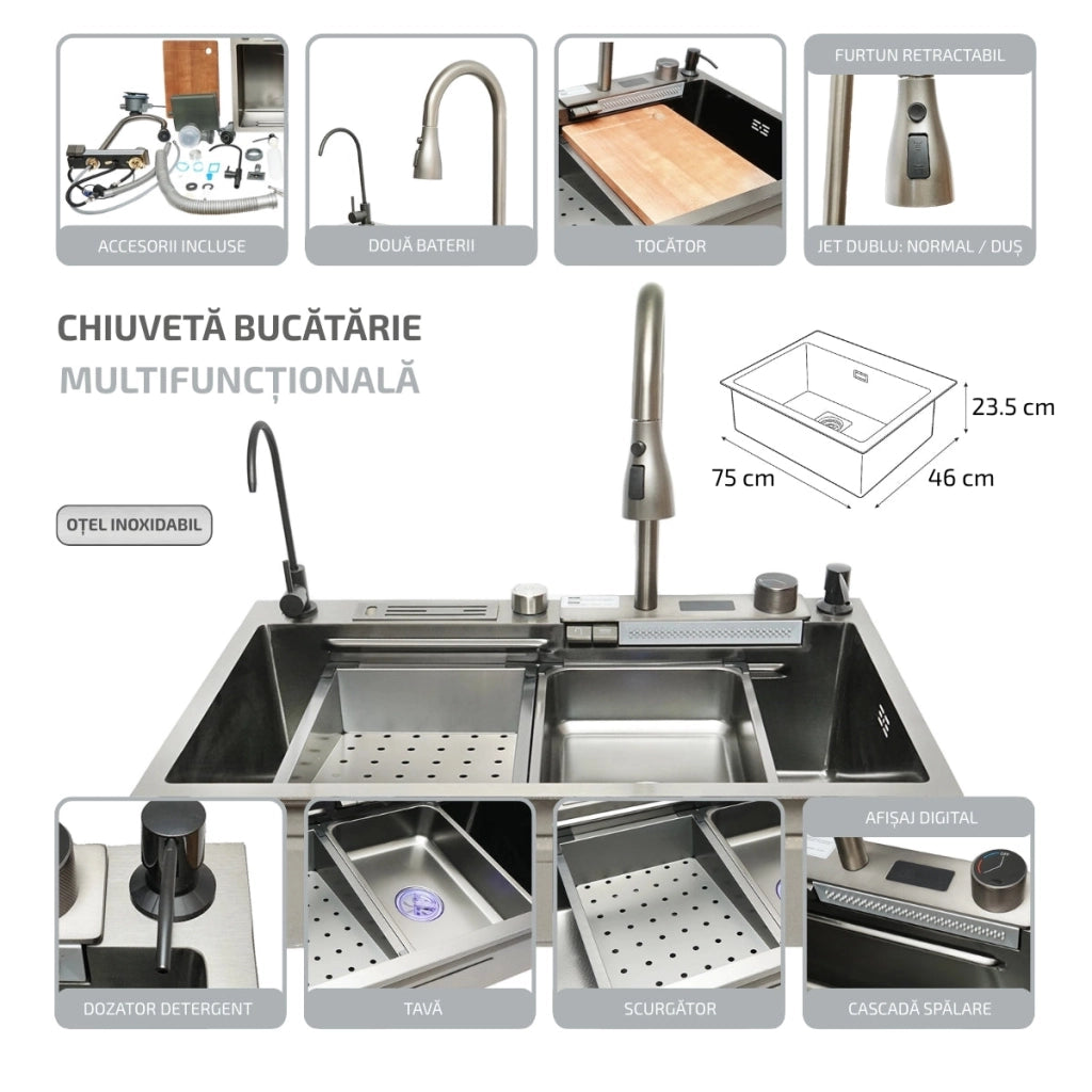 Lavello da cucina multifunzionale in acciaio inox con due rubinetti, display digitale per la temperatura, funzione cascata, dispenser di sapone, scolapasta, vassoio, tagliere e accessori di drenaggio inclusi, dimensioni 75x46x23,5 cm
