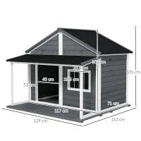Cuccia per Cani da Esterno con Terrazza, Finestra e Tetto Impermeabile, 124x112x105cm, Grigio