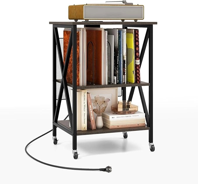 Supporto per Giradischi, Supporto per Giradischi in Vinile con Presa di Corrente e Porta USB, Ruote Bloccabili, 3 Livelli, per Soggiorno, Camera da Letto, 52 x 45 x 75 cm (Grigio)