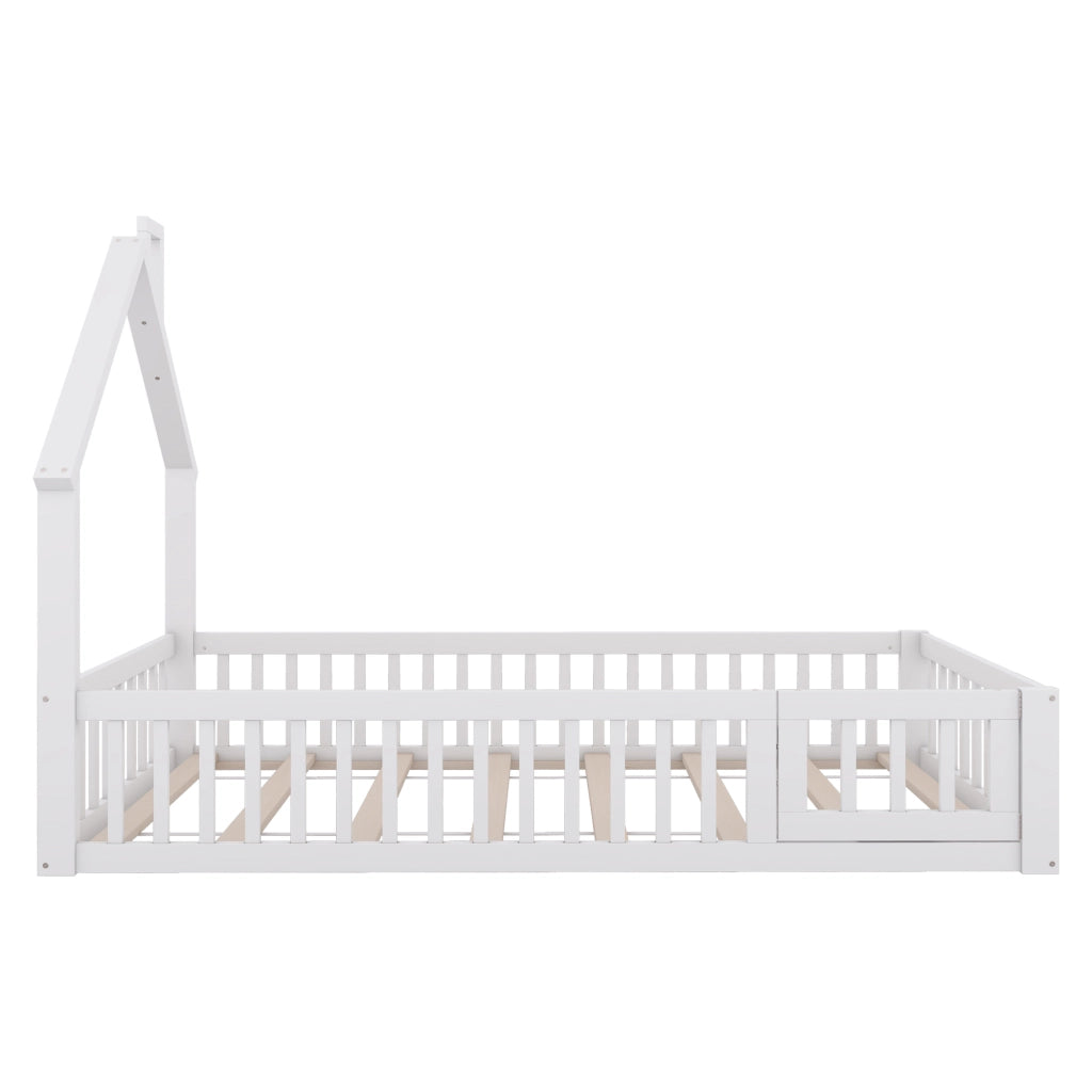Letto a casetta con camino; recinzione di sicurezza e doghe; pino e MDF; bianco; 90x200 cm; senza materasso