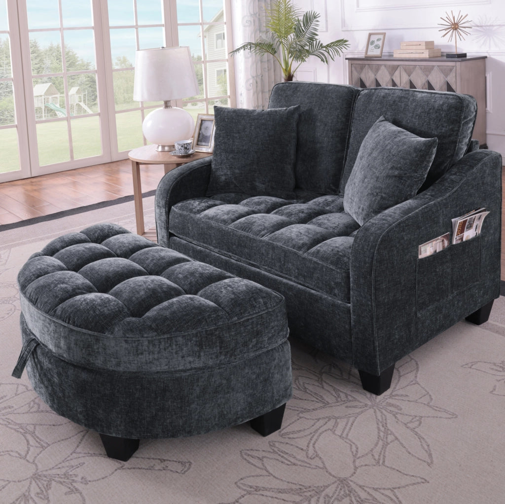 Divano letto 2 in 1 con pouf contenitore; 132x129x93 cm; eucalipto; nero