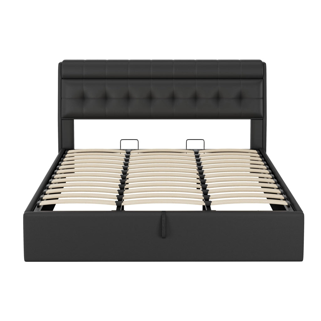 Letto imbottito elegante - Zephmum - 180x200 - Nero - Idraulico, ripiano testata nascosto, cassone