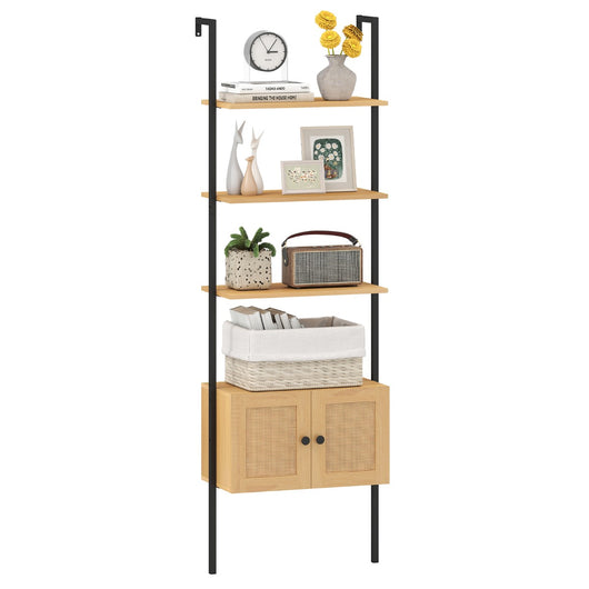 Libreria a scala a 5 ripiani con armadio in rattan con struttura in metallo-Libreria a scala da parete alto 184 cm Naturale