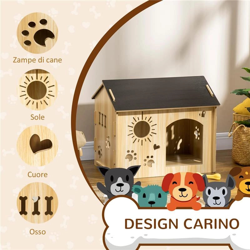 CUCCIA PER CANI DA INTERNO CON STRUTTURA IN LEGNO E APERTURE A FORMA DI ZAMPA, CUORE E OSSA, ROVERE