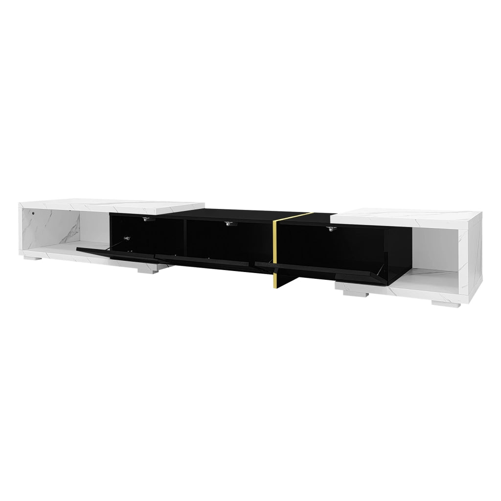 Mobile TV allungabile 140?C260 cm girevole; con 2 Vani; Stile Moderno; Nero Lucido Opaco; Effetto Marmo Bianco; MDF