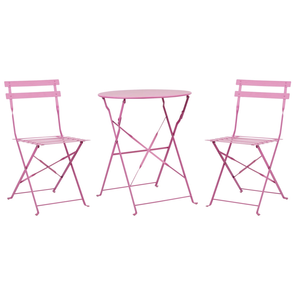 Set da bistrot 3 pezzi rosa in metallo pieghevole con schienale a doghe per esterni