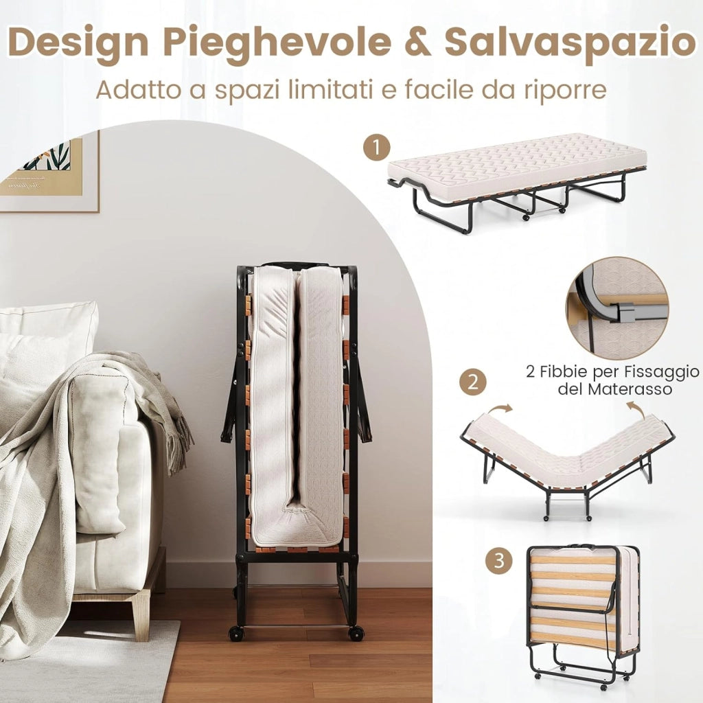 Letto Brandina Pieghevole a Doghe con Materasso in Memory Foam, 200x90 cm, Letto Portatile con 4 Ruote e Struttura Resistente, Carico 130kg, Made in Italy, Onda