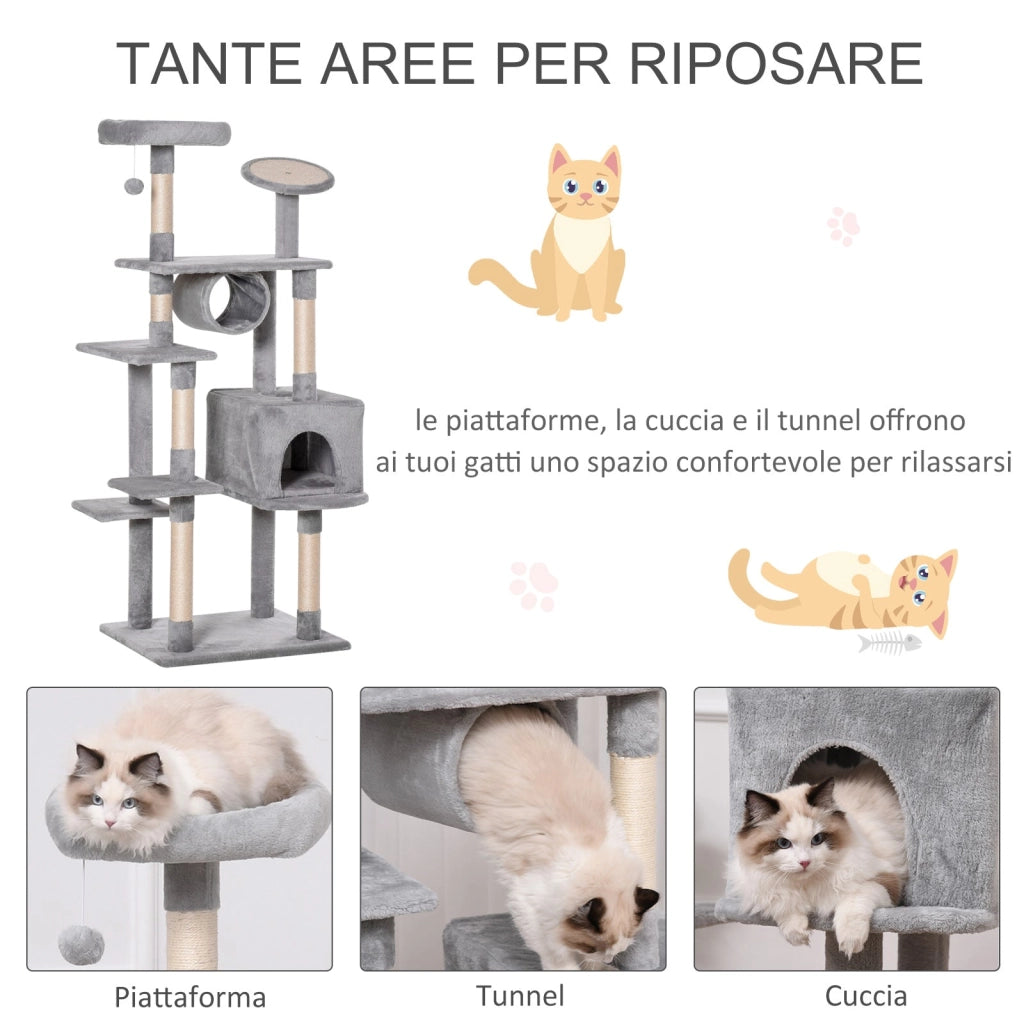 Albero Tiragraffi per Gatti 60x50x165 cm in Peluche e Corda Sisal Grigio e Beige